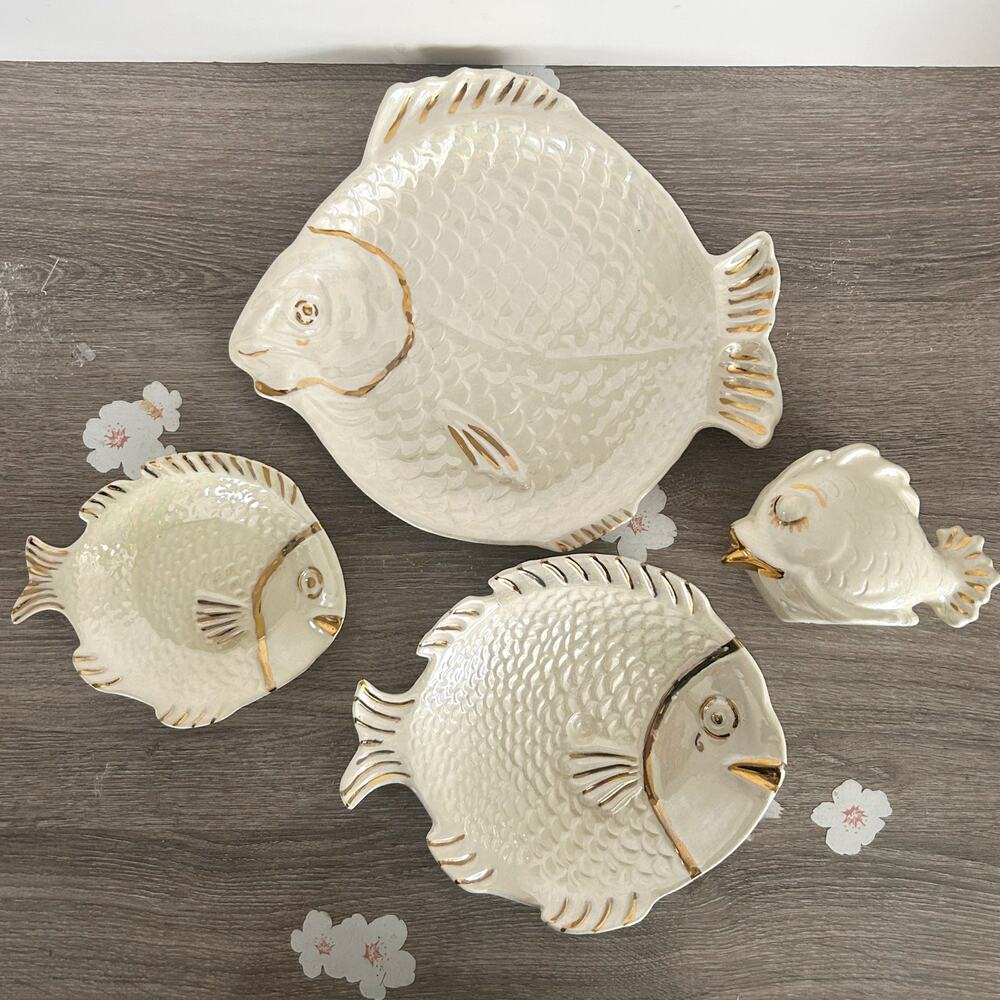 VNTG Hand Painted Iridescent White and Gold Fish Shape Serving Set 1950s Signed